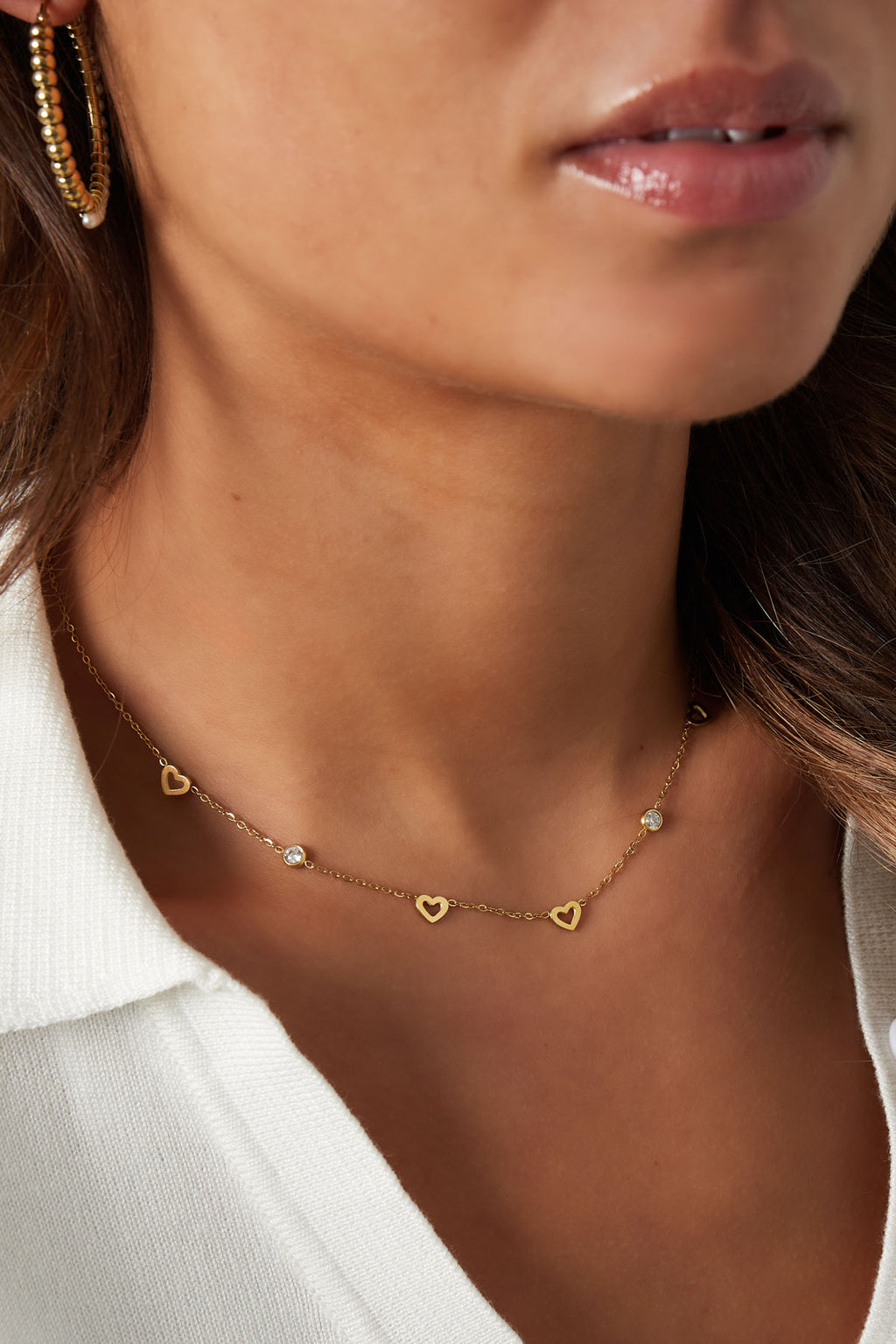 Collier avec breloques coeur et diamants - acier inoxydable