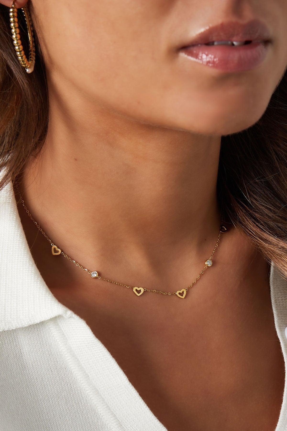 Collier avec breloques coeur et diamants - acier inoxydable