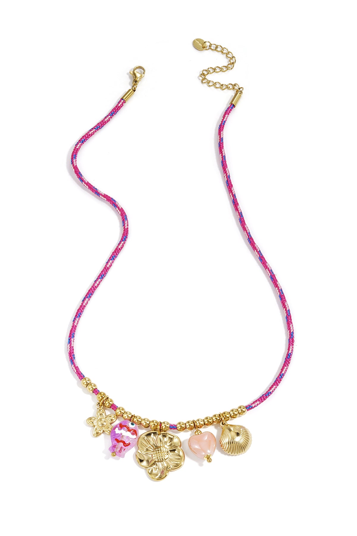 Collier en cordon coloré avec pendentifs variés et pendentif poisson