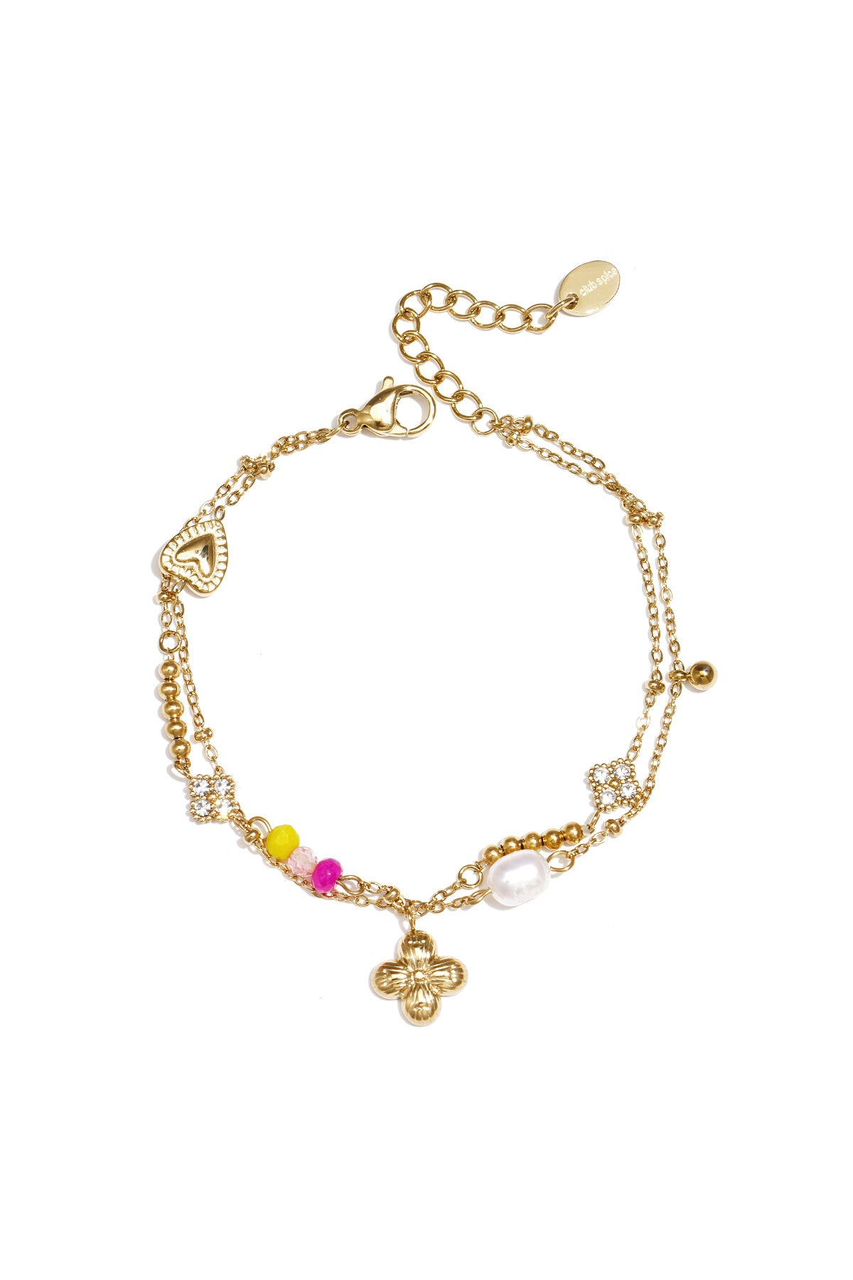 Bracelet orné d'un trèfle suspendu, d'une perle et de perles.