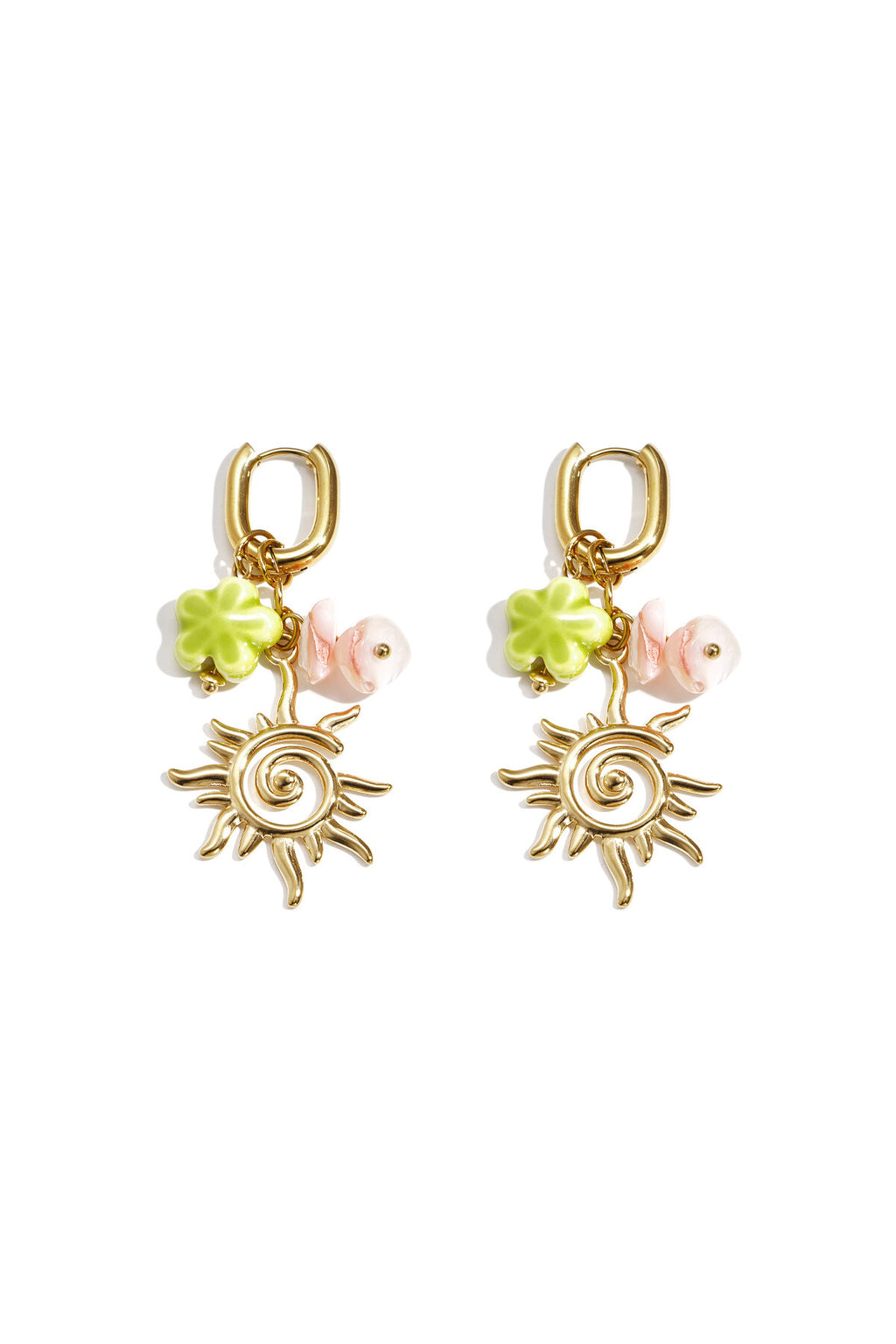 Boucles d'oreilles créoles ovales avec breloques soleil et perles
