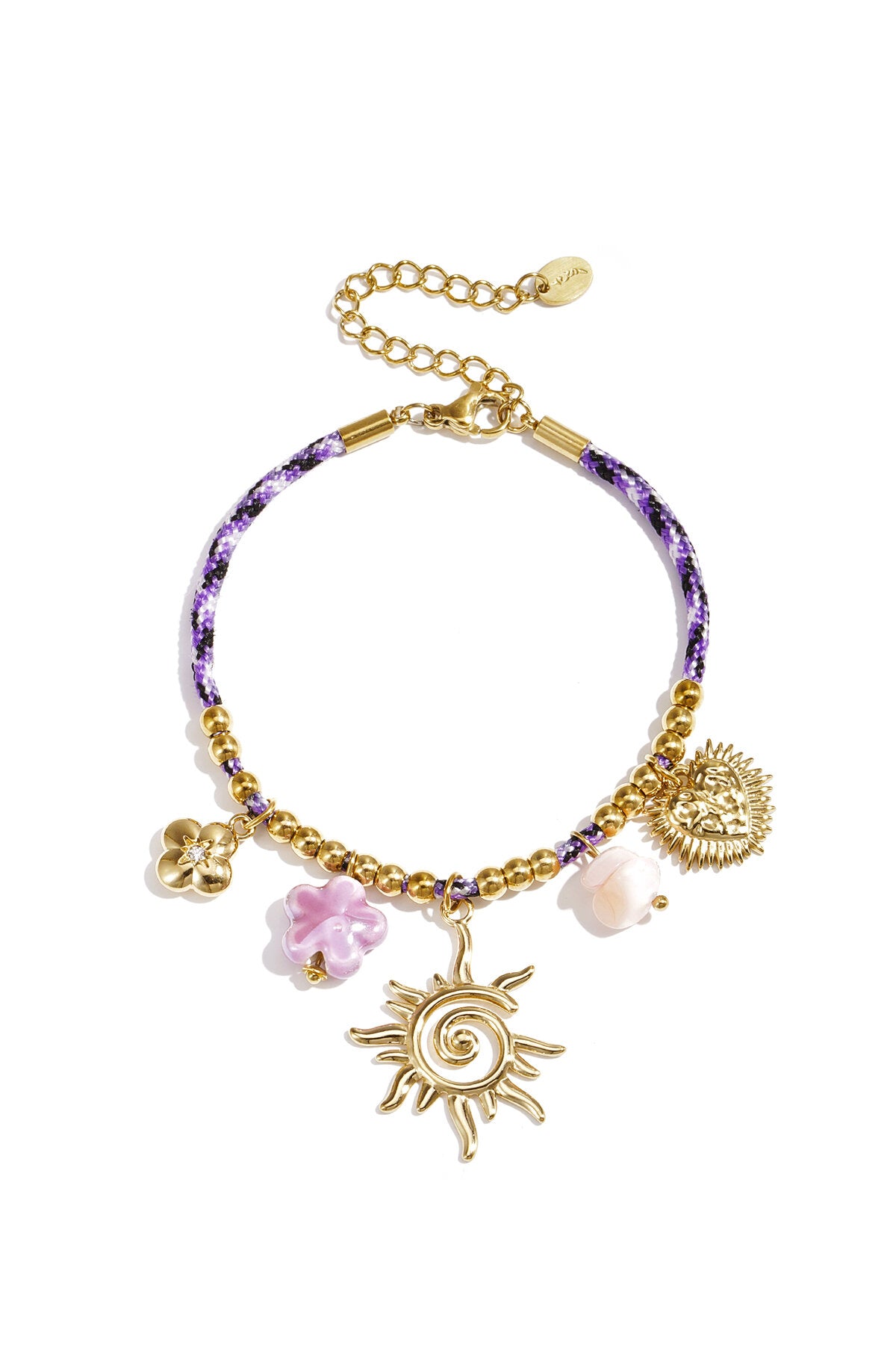 Bracelet en cordon coloré avec pendentifs de différentes couleurs violet
