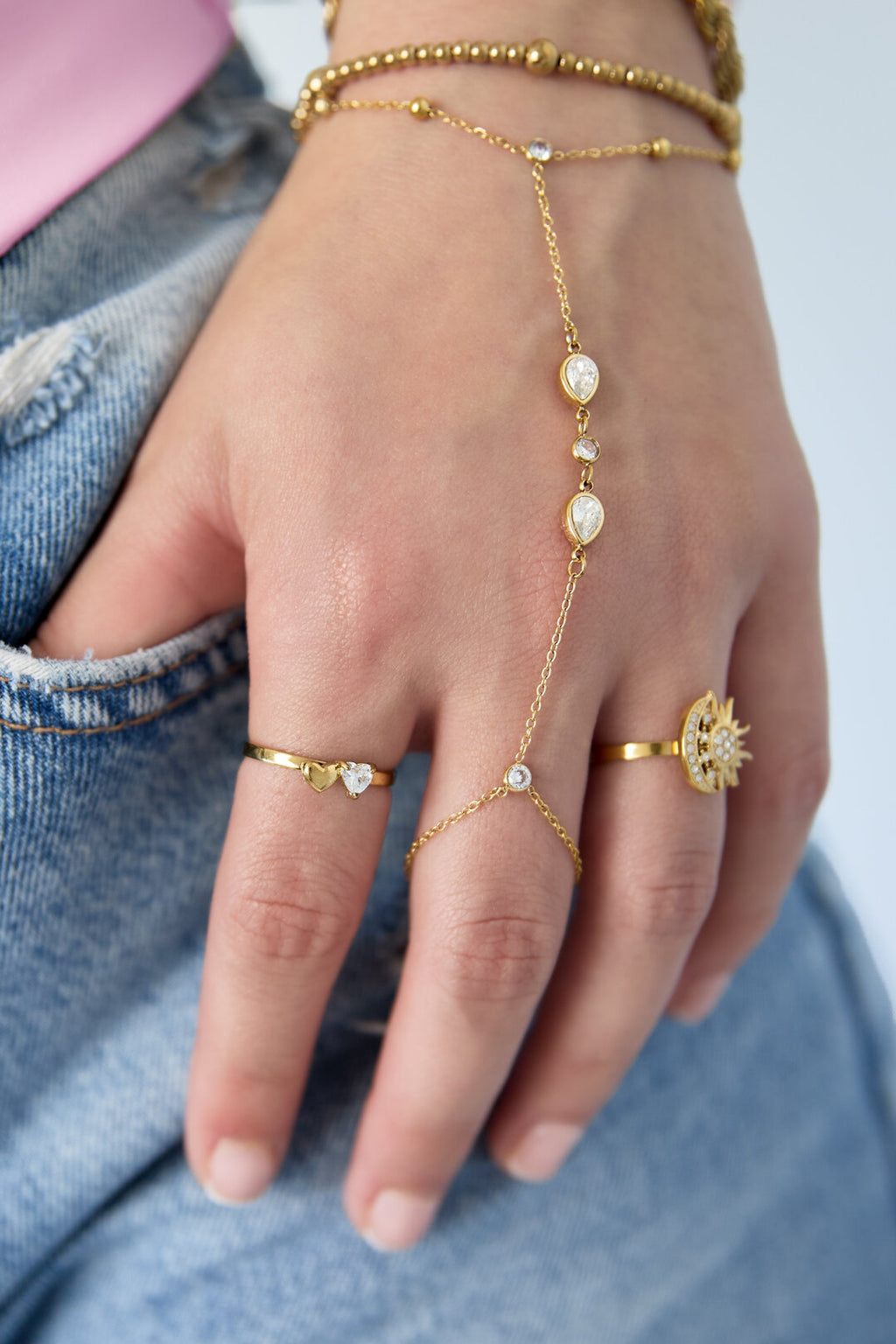 Bague ajustable avec pierre en forme de cœur et petit cœur