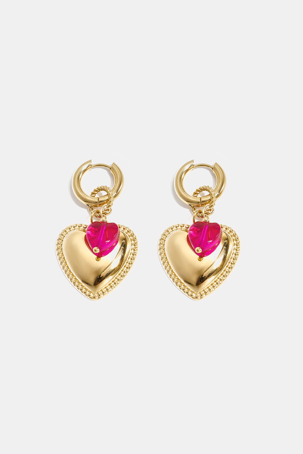 Boucles d'oreilles créoles avec pendentif cœur et perle sur bague