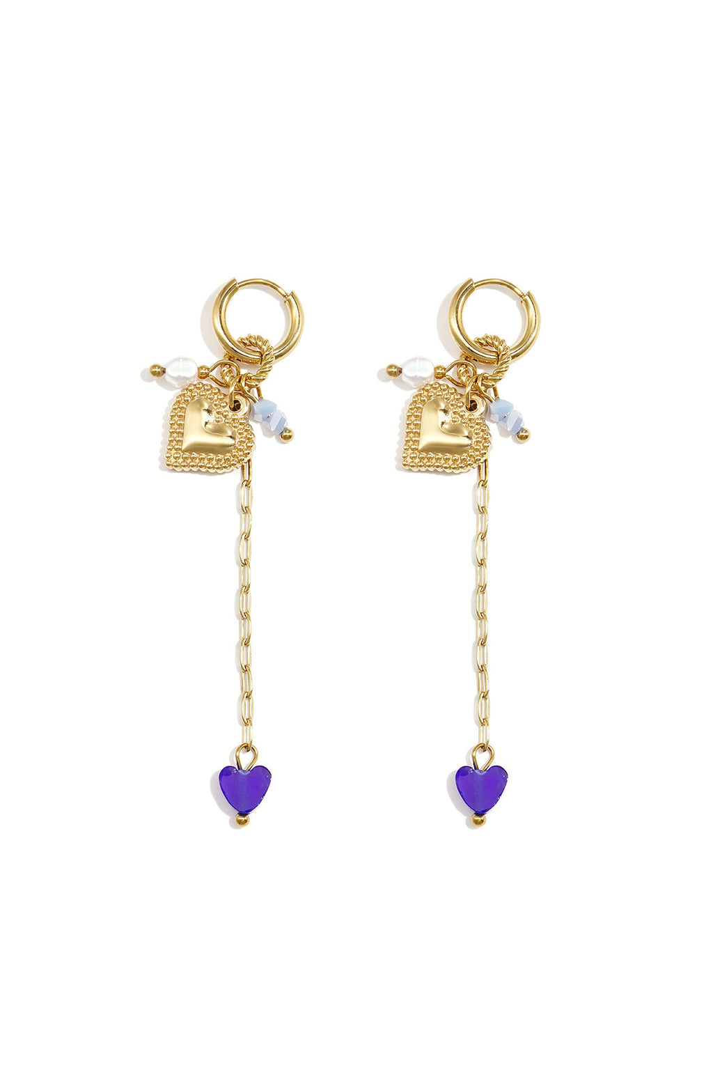 Petites boucles d'oreilles créoles avec longue chaîne, cœur et perles