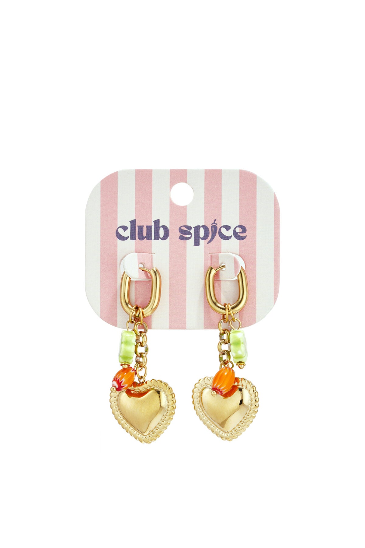 Boucles d'oreilles ornées de perles colorées et d'un pendentif en forme de cœur.