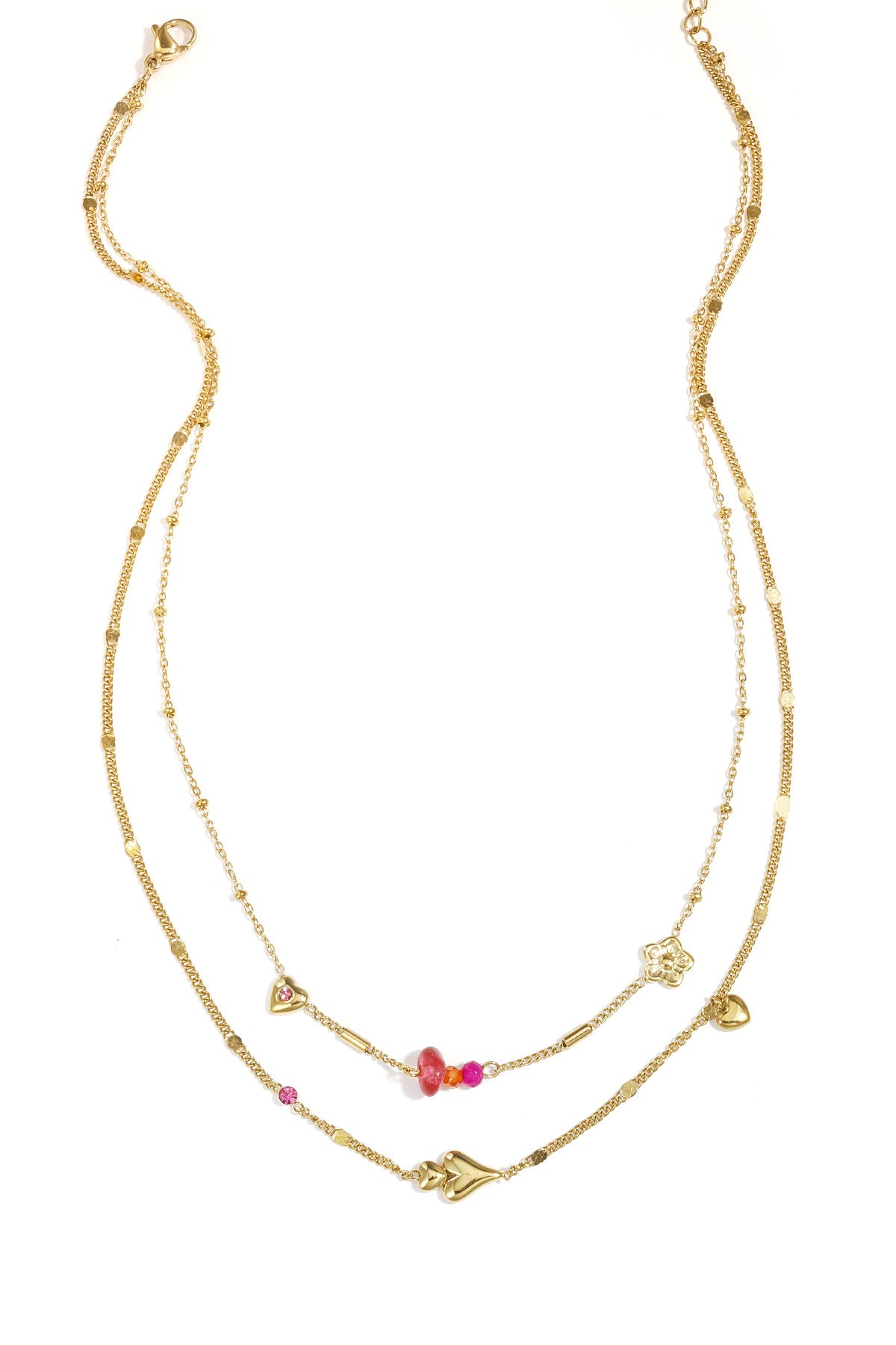 Collier double orné de cœurs, de perles et de fleurs