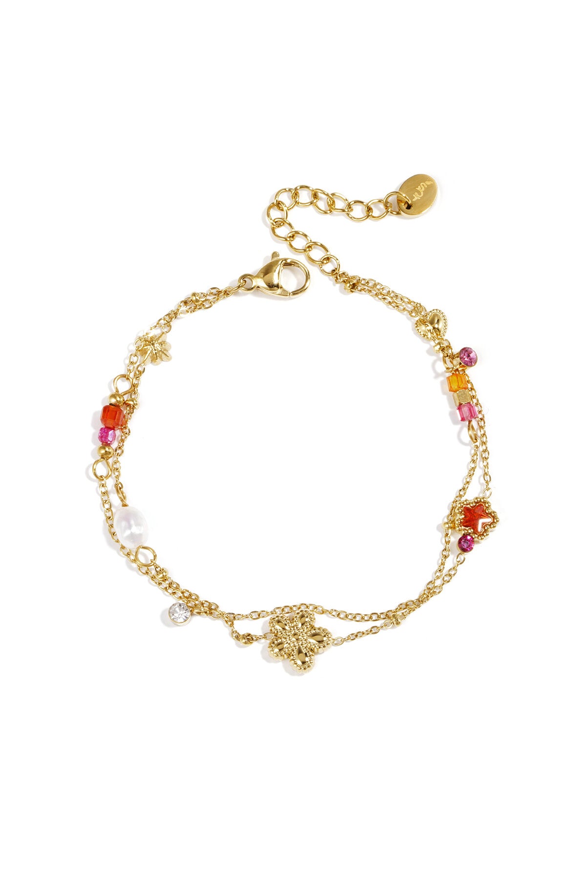 Bracelet à breloques orné de breloques en forme d'étoile et de fleur, de perles, de pierres et de perles de rocaille
