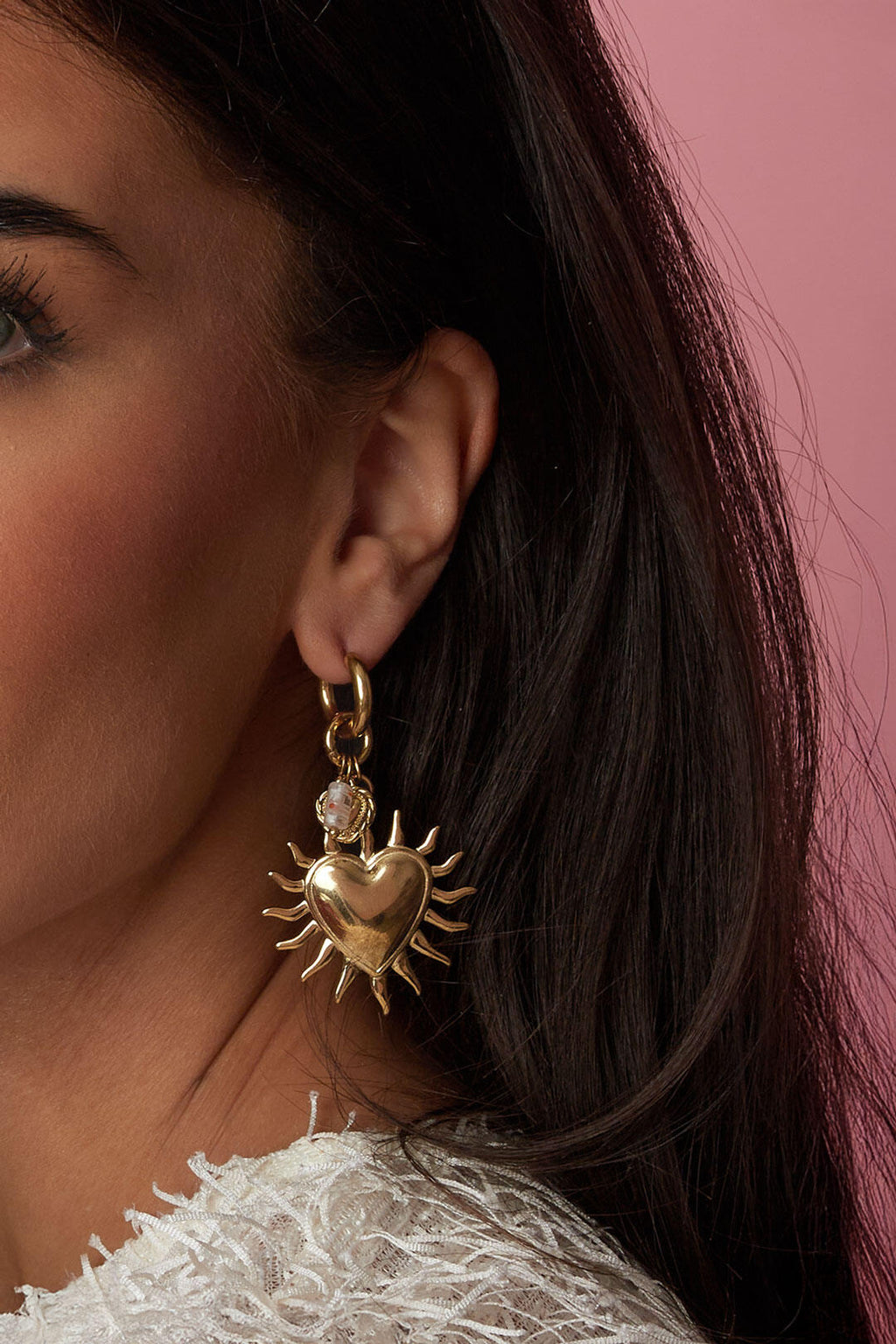 Boucles d'oreilles avec pendentif soleil en forme de cœur et de perle