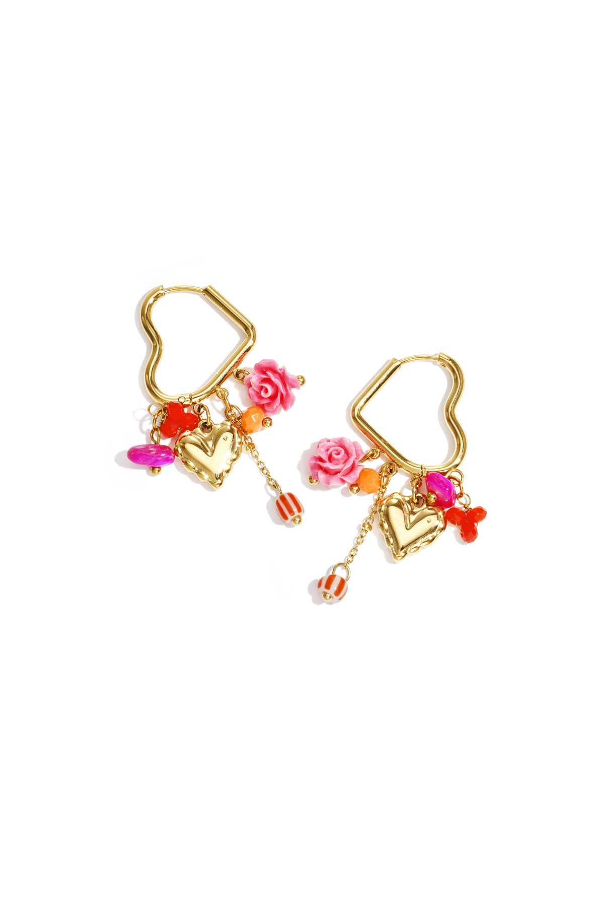 Boucles d'oreilles créoles en forme de cœur avec pendentifs et breloques perlés